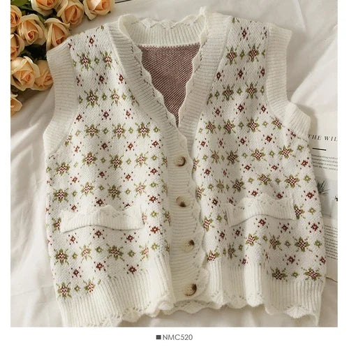 Dark Academia Vintage Print Vest - V-Neck Loose