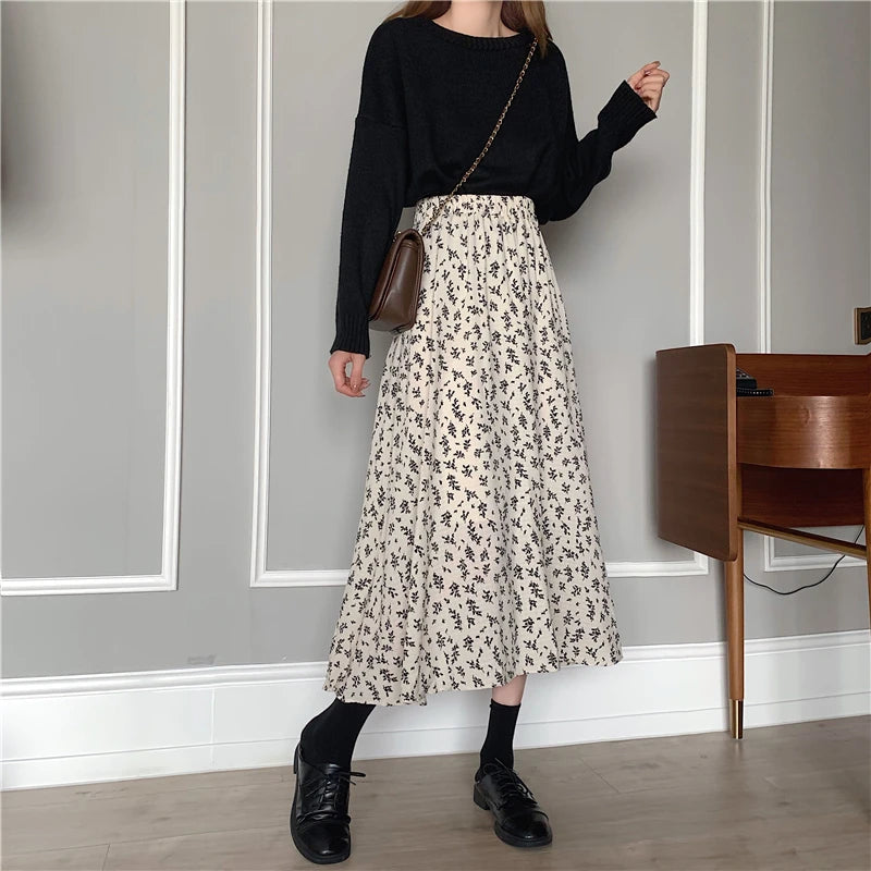 Dark Academia Floral A-Line Pleated Skirt - Elastic Waist