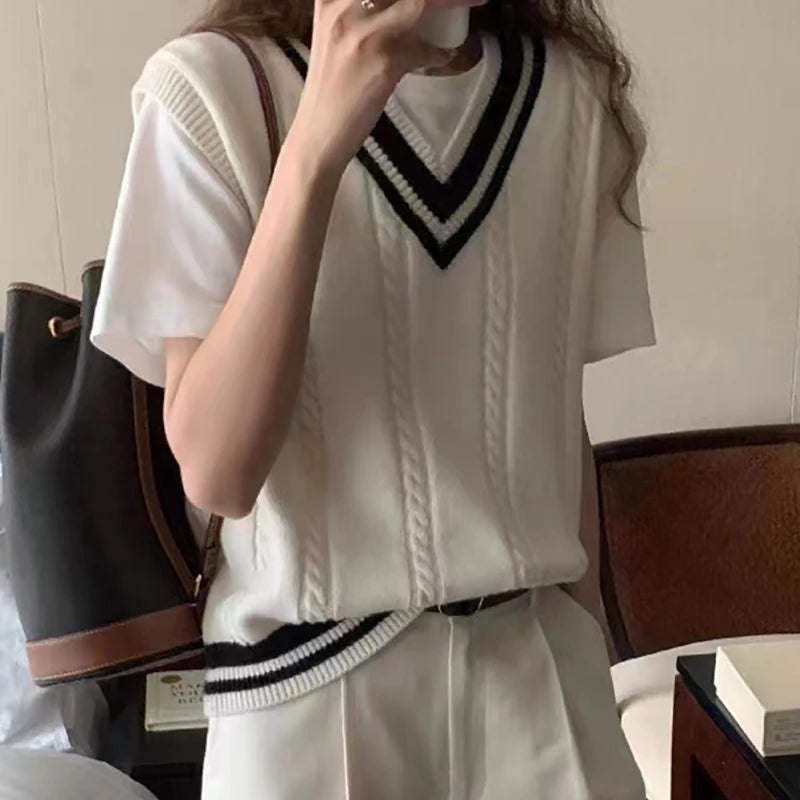 Dark Academia Patchwork Vest - V-Neck Rib Preppy