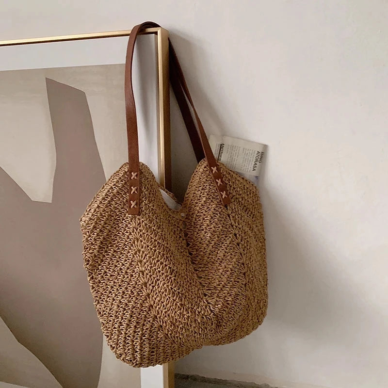 Dark Academia Straw Woven Tote - Rattan Beach