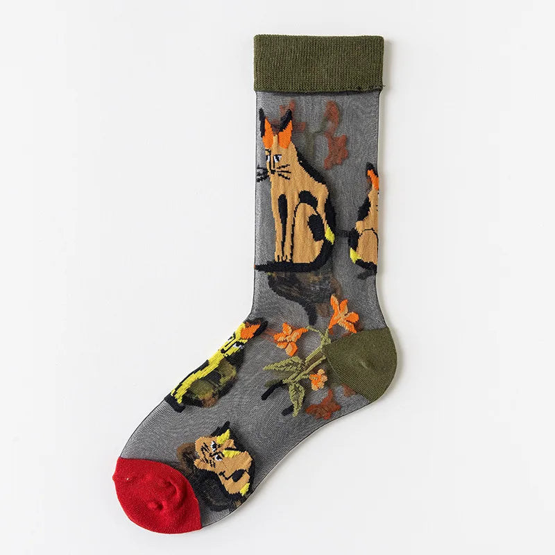 Dark Academia Crystal Glass Silk Mesh Long Socks