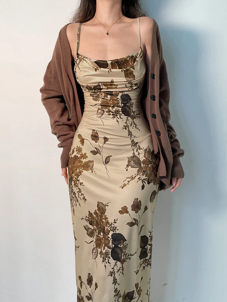 Dark Academia Floral Maxi - Backless Y2K Style