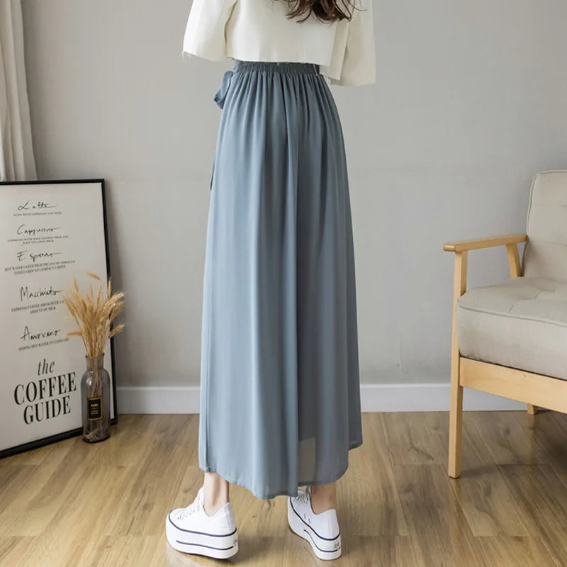 Dark Academia Pleated Wide Leg Pants - High Waist Chiffon