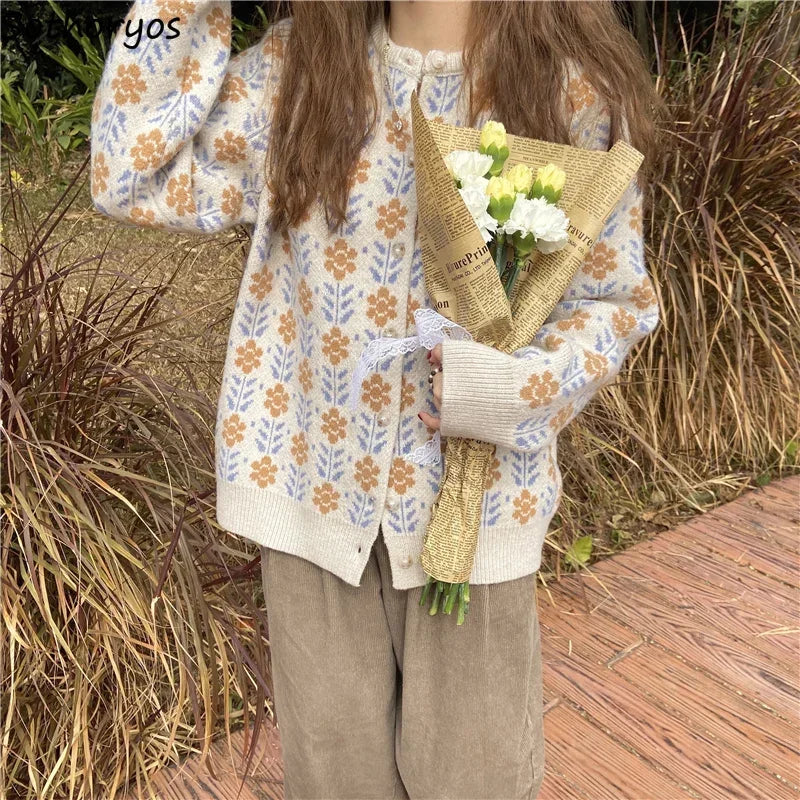 Dark Academia Floral O-Neck Cardigan - Sweet Retro