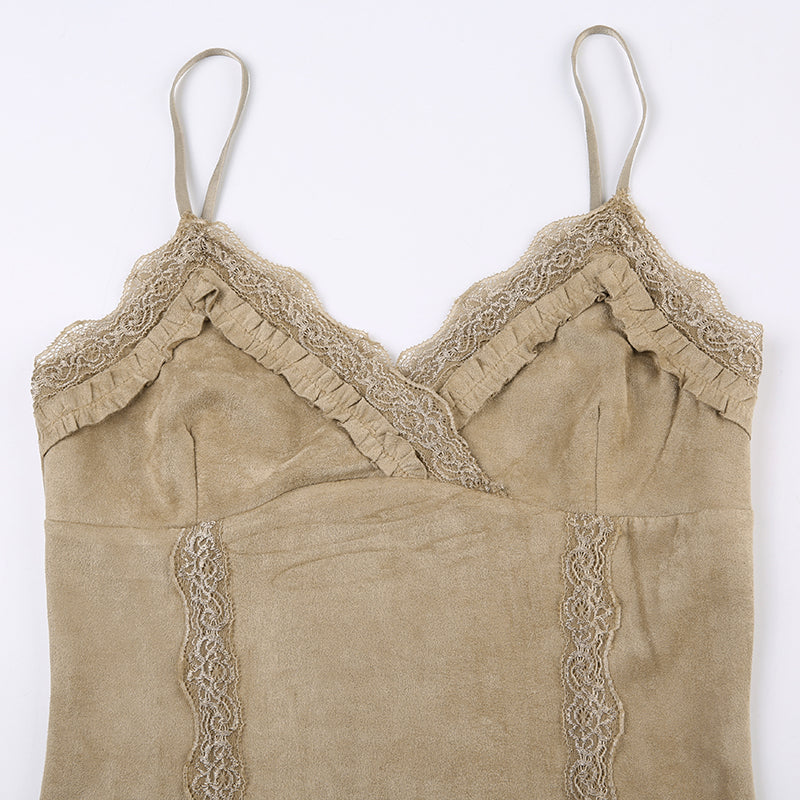 Dark Academia V-Neck Suede Top - Frill Lace Trim