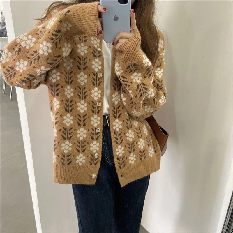 Dark Academia Floral O-Neck Cardigan - Sweet Retro