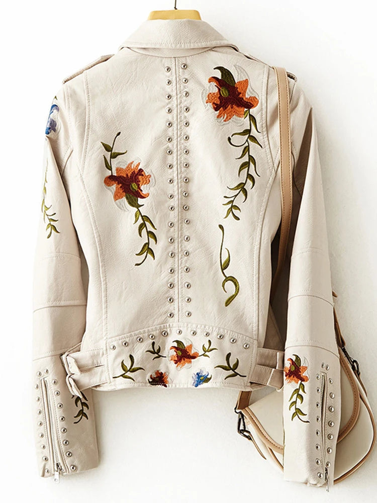Dark Academia Floral Leather Jacket - Embroidered