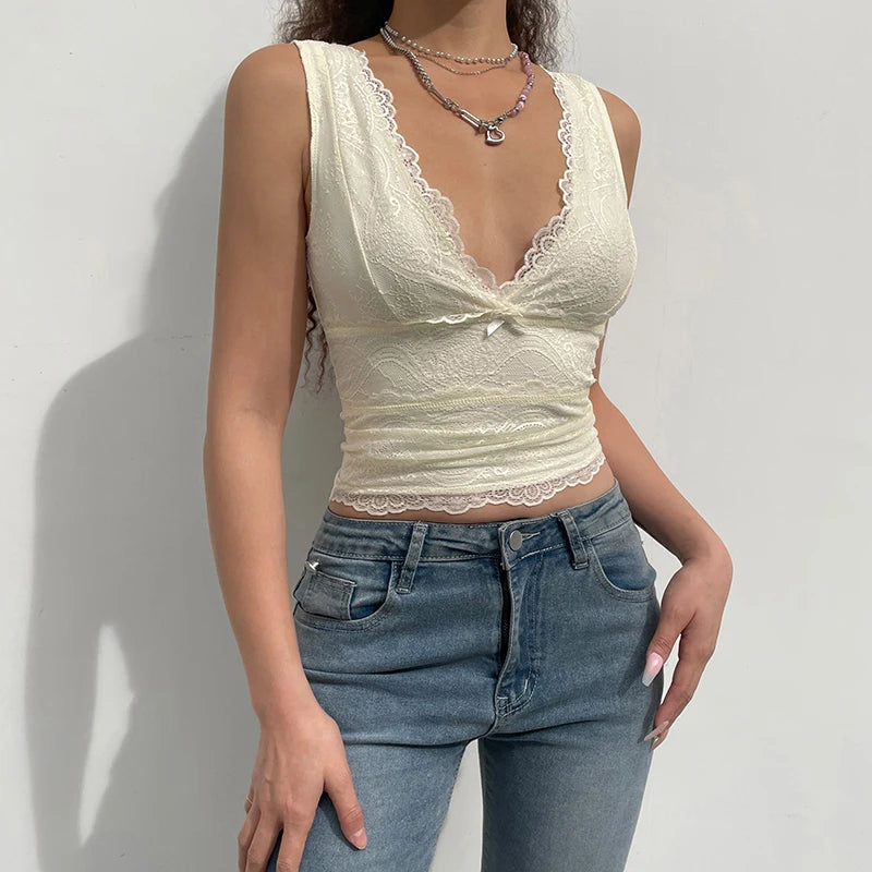 Dark Academia Y2K Sweet Tank Top - Bow Lace Crop