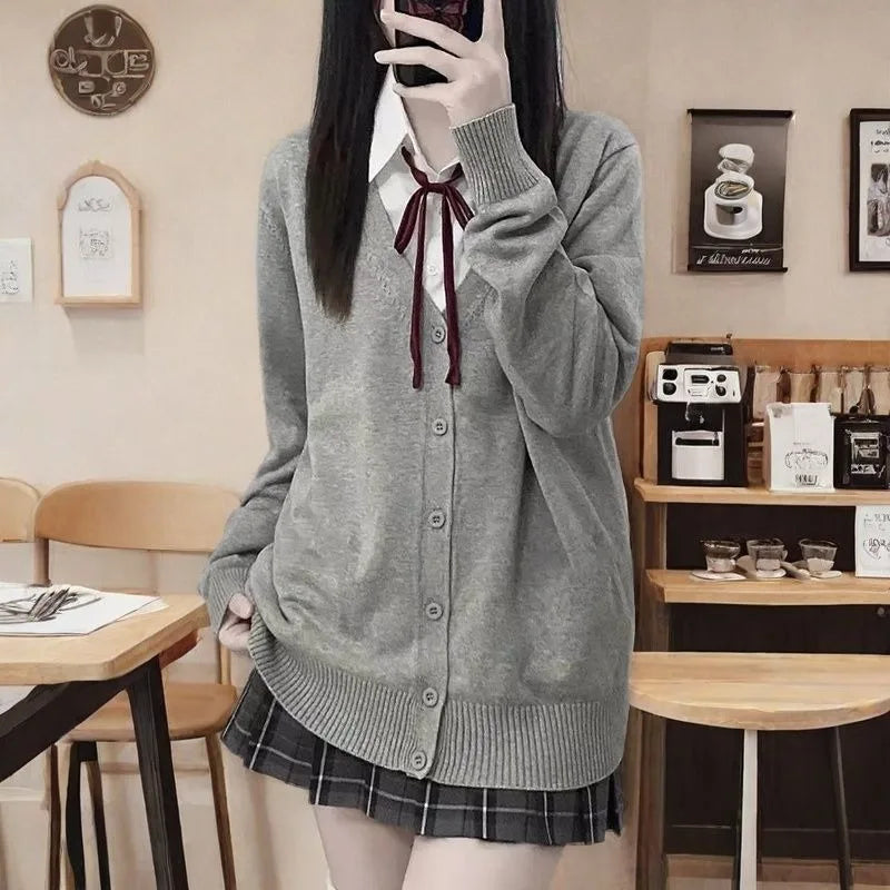 Dark Academia School Cardigan - V-Neck Cotton