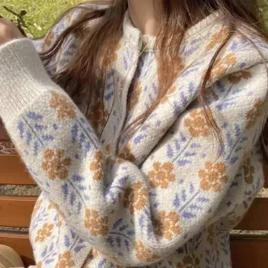 Dark Academia Floral O-Neck Cardigan - Sweet Retro