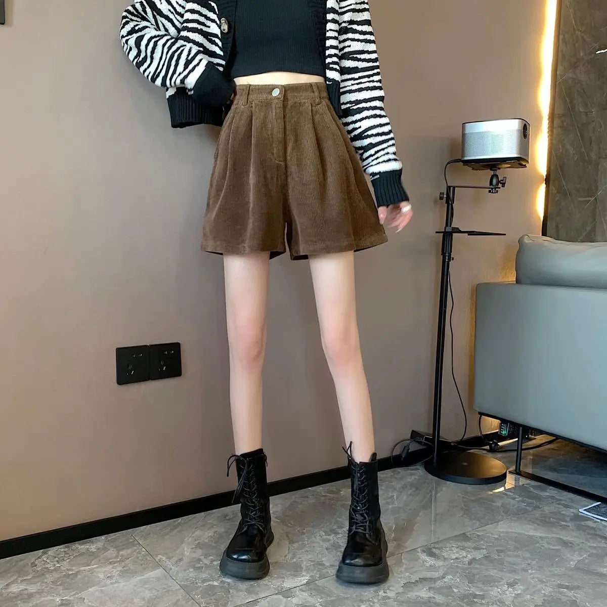 Dark Academia Corduroy Wide Shorts - College Y2K