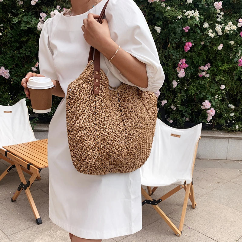 Dark Academia Straw Woven Tote - Rattan Beach