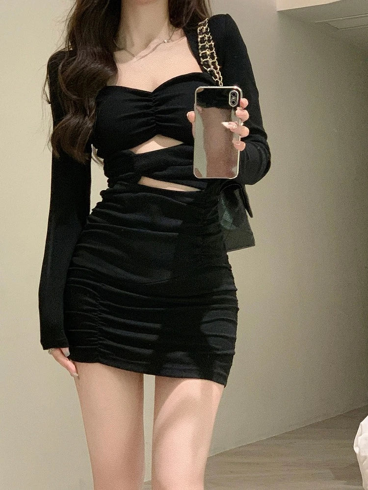 Dark Academia Black Bodycon Dress - Elegant Office Mini