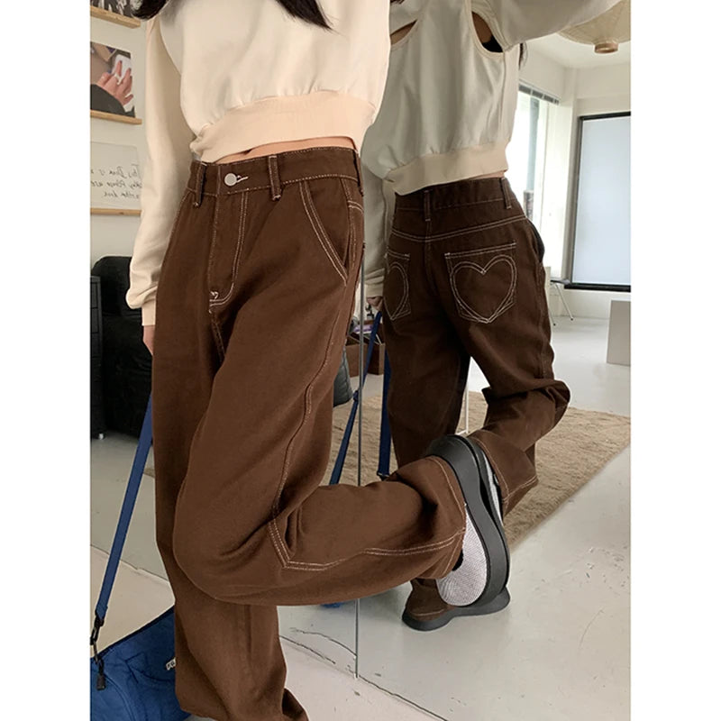 Dark Academia Brown Denim Jeans - High Waist Vintage Style