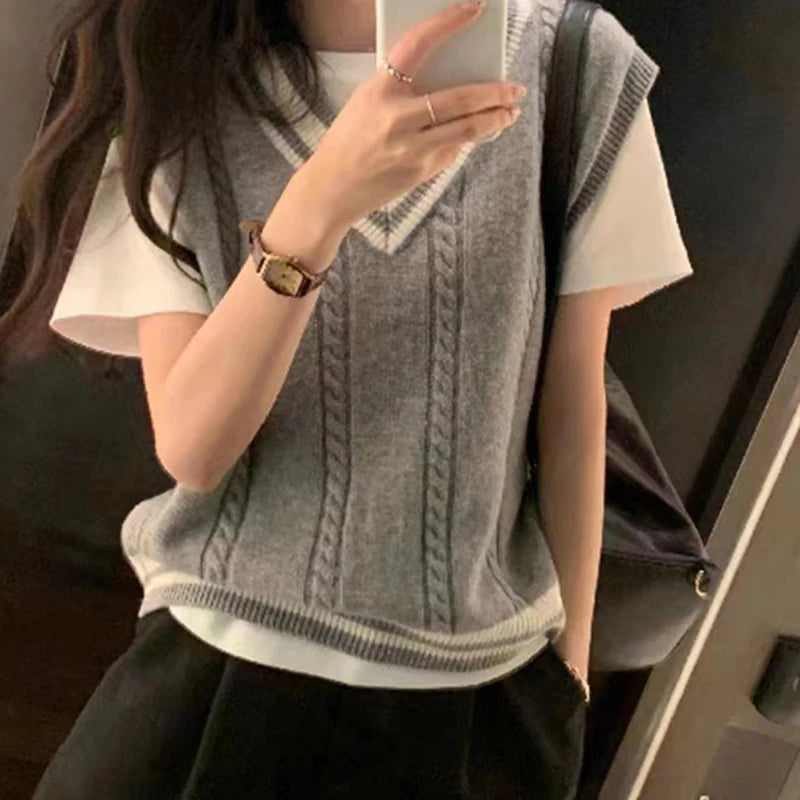 Dark Academia Patchwork Vest - V-Neck Rib Preppy