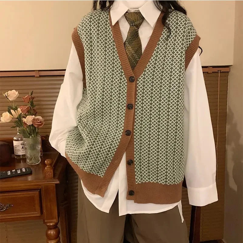 Dark Academia Green Plaid Vest - Student Vintage