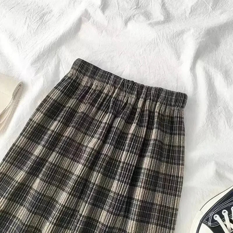 Dark Academia Wool Plaid Pleated Skirt - High Waist Long