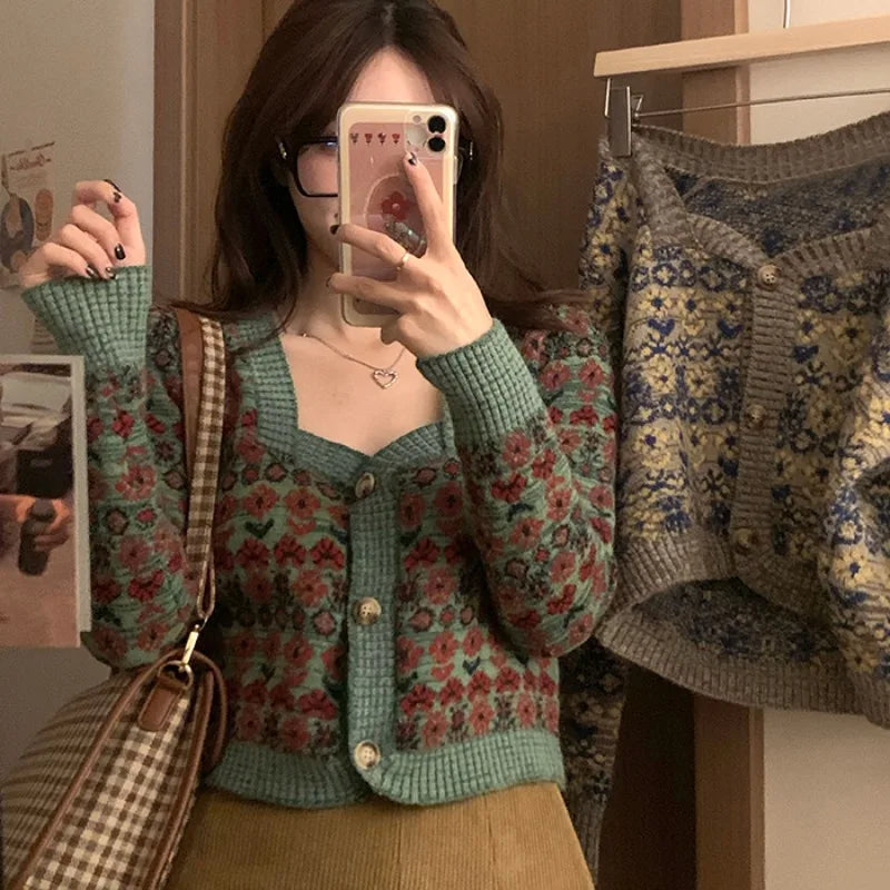 Dark Academia Floral Cropped Cardigan