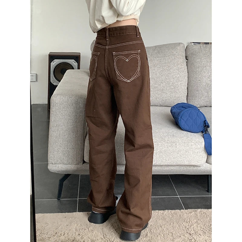 Dark Academia Brown Denim Jeans - High Waist Vintage Style