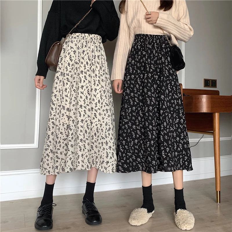 Dark Academia Floral A-Line Pleated Skirt - Elastic Waist