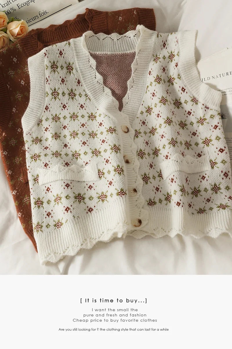 Dark Academia Vintage Print Vest - V-Neck Loose