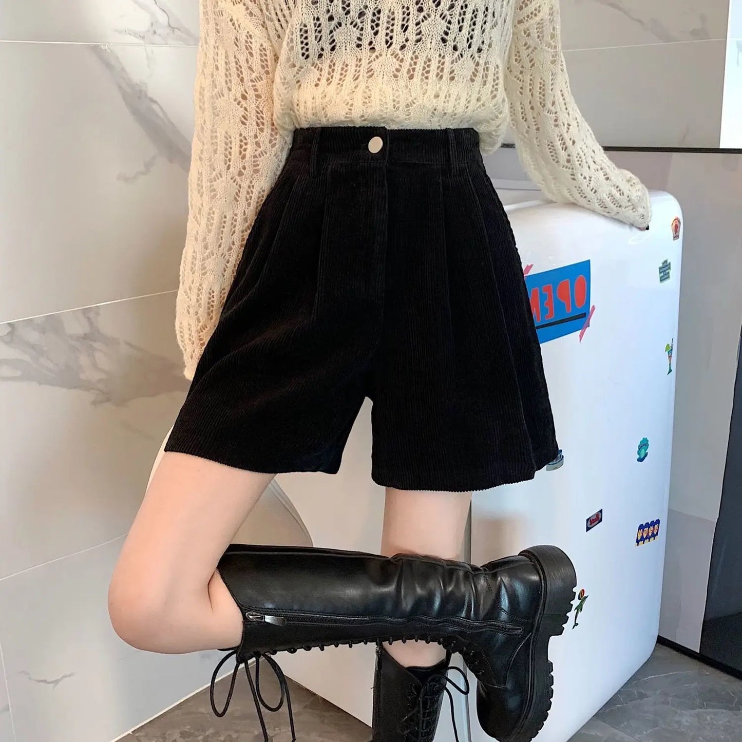 Dark Academia Corduroy Wide Shorts - College Y2K
