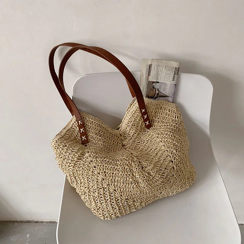 Dark Academia Straw Woven Tote - Rattan Beach