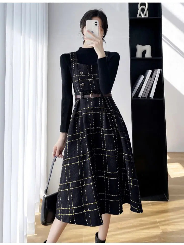 Dark Academia Two-Piece Set - Knit Sweater Plaid Dress