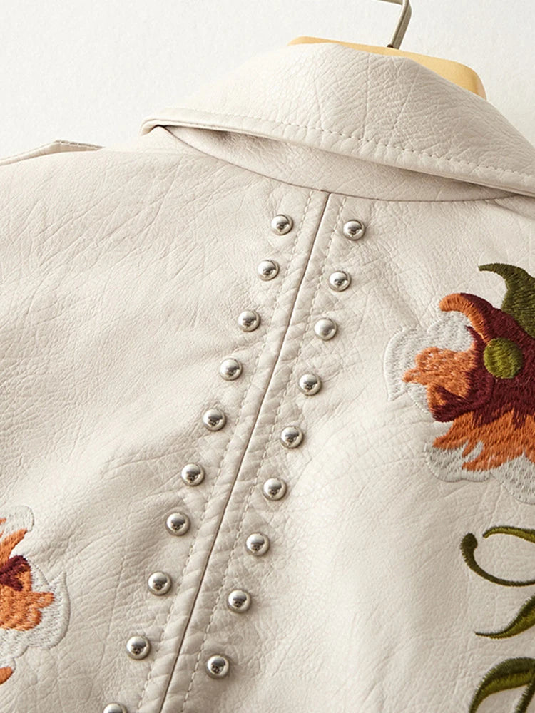 Dark Academia Floral Leather Jacket - Embroidered