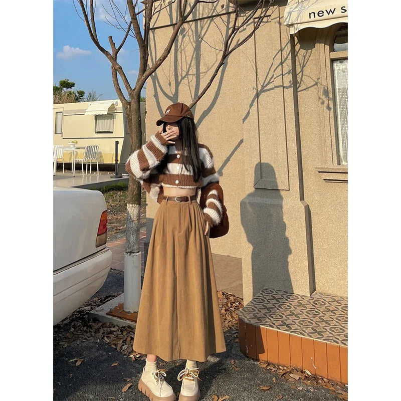Dark Academia Corduroy Midi Skirt - High Waist Belt Style