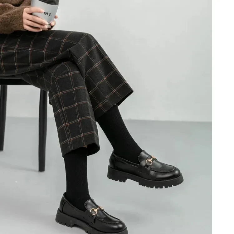 Dark Academia Plaid Woolen Pants - Straight Leg Trousers