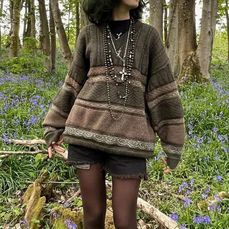 Dark Academia Graphic Striped Sweater - Y2K Grunge
