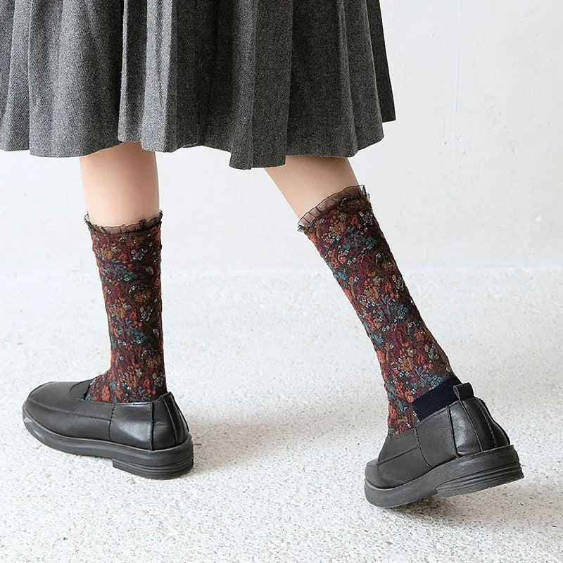 Dark Academia Ethnic Lacework Ruffle Crew Socks
