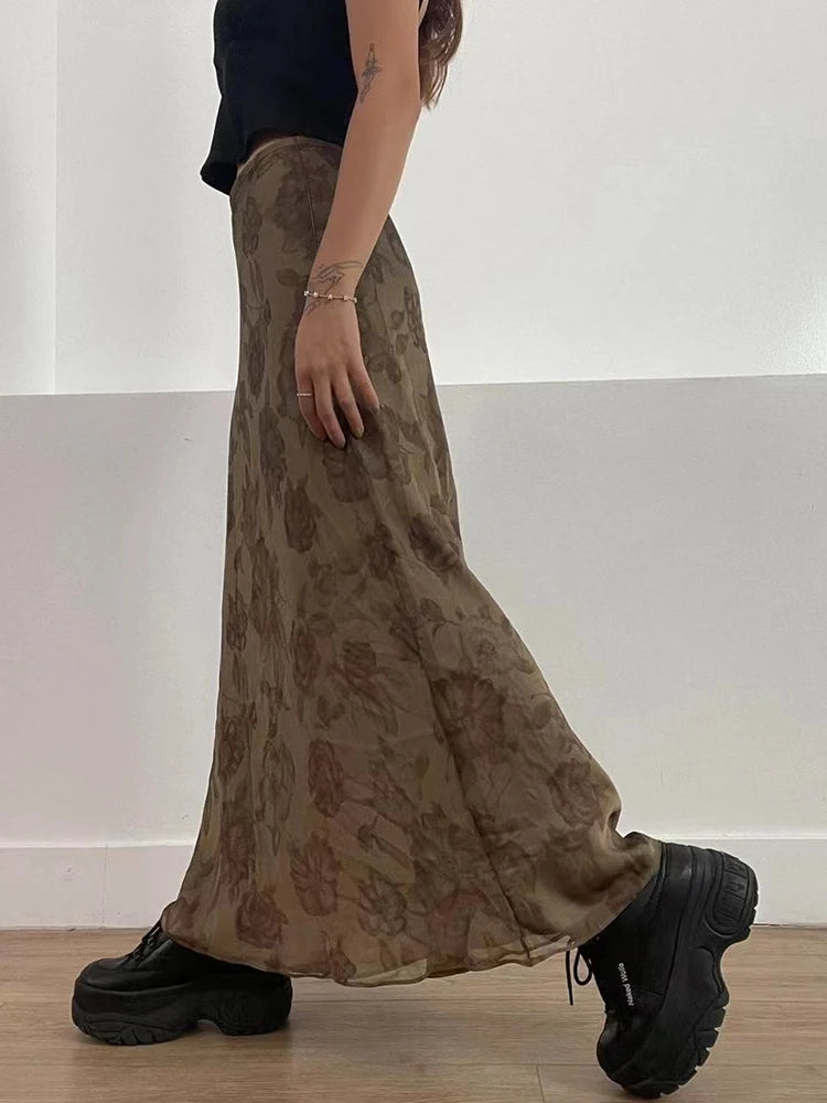 Dark Academia Vintage Floral Long Skirt - Mesh Aesthetic