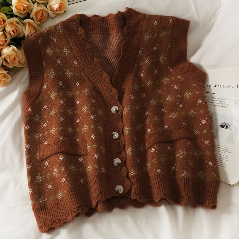 Dark Academia Vintage Print Vest - V-Neck Loose