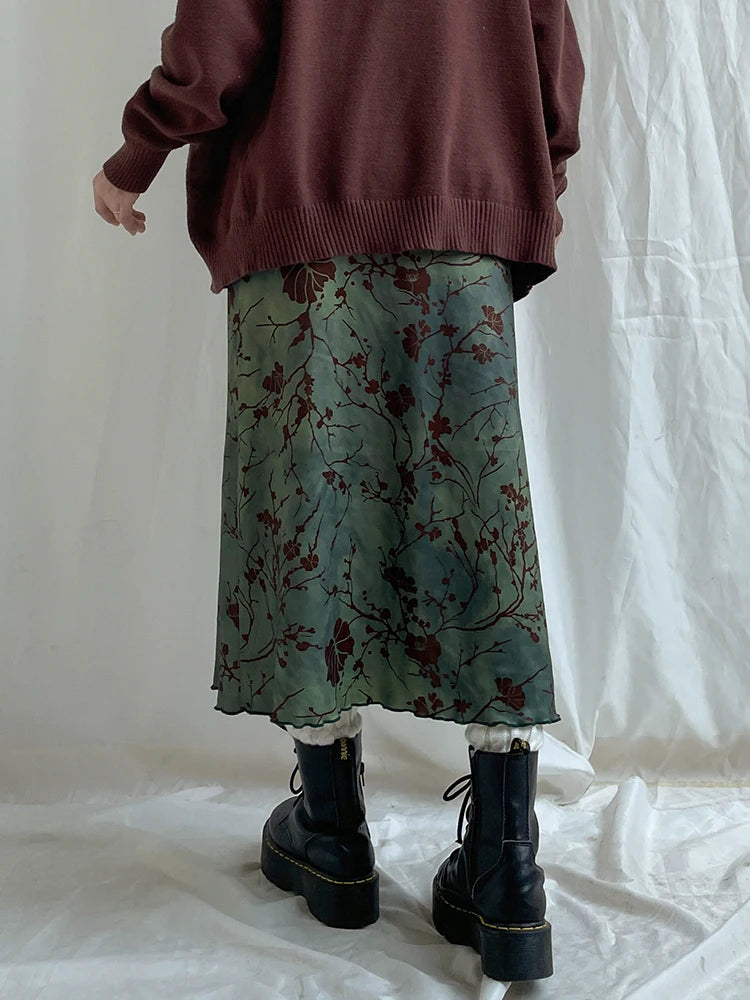 Dark Academia Green Floral Skirt - Vintage Mid-Calf Style