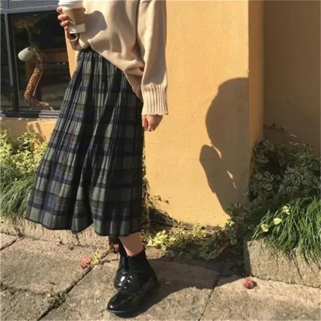 Dark Academia Wool Plaid Pleated Skirt - High Waist Long