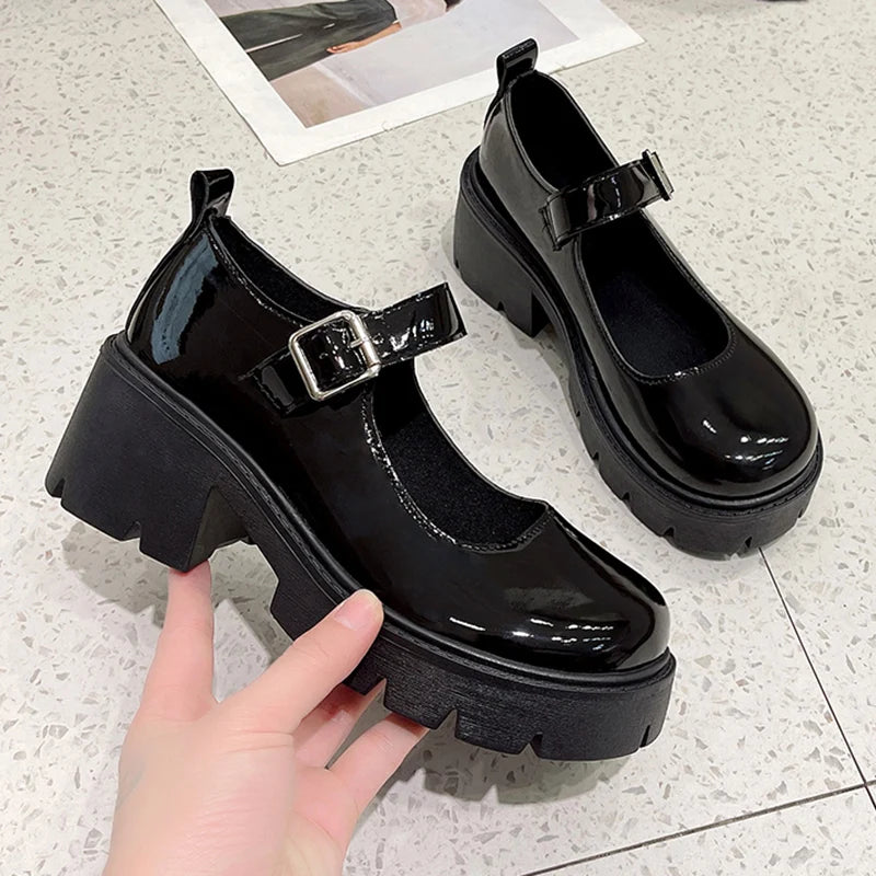 Dark Academia Buckle Platform Pumps - Black Thick