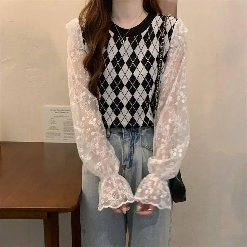 Dark Academia Diamond Grid Vest - Two-Piece Style