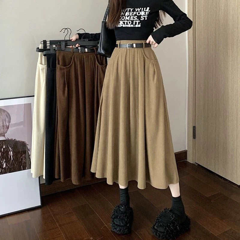 Dark Academia Corduroy Pleated Skirt - High Waist Midi
