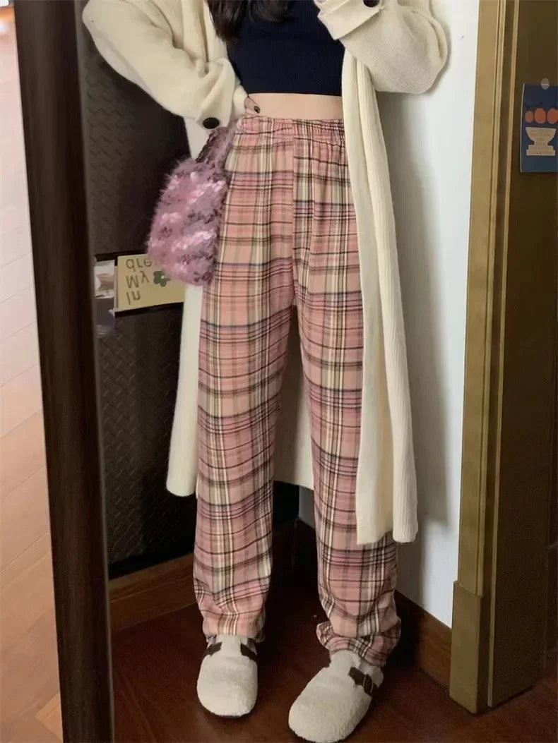 Dark Academia Plaid Wide Leg Pants - Winter Casual Style
