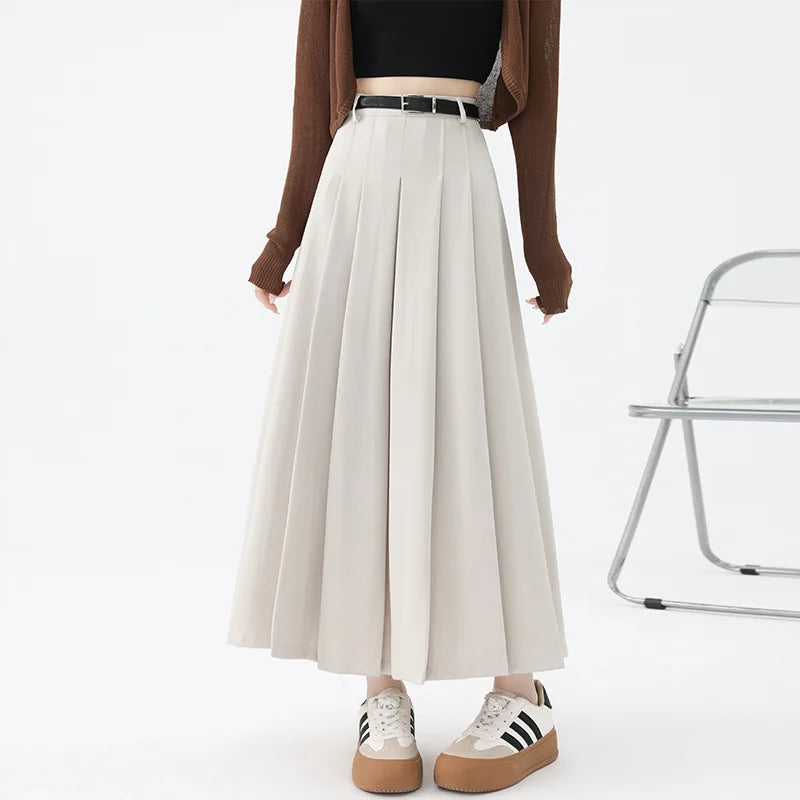 Dark Academia Beige A-Line Skirt - High Waist College