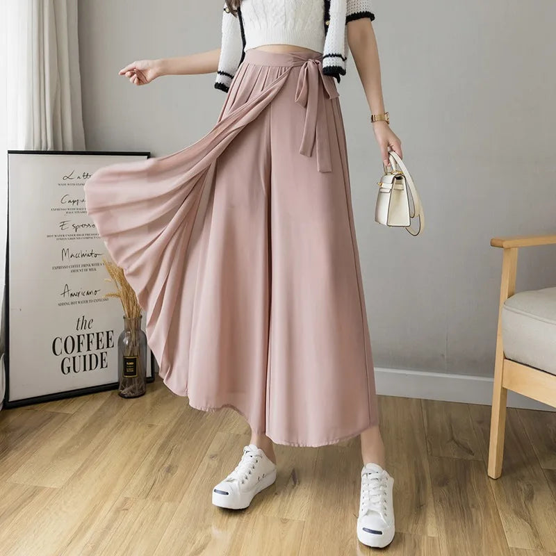 Dark Academia Pleated Wide Leg Pants - High Waist Chiffon