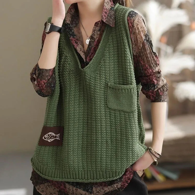 Dark Academia Solid Color Vest - V-Neck Casual