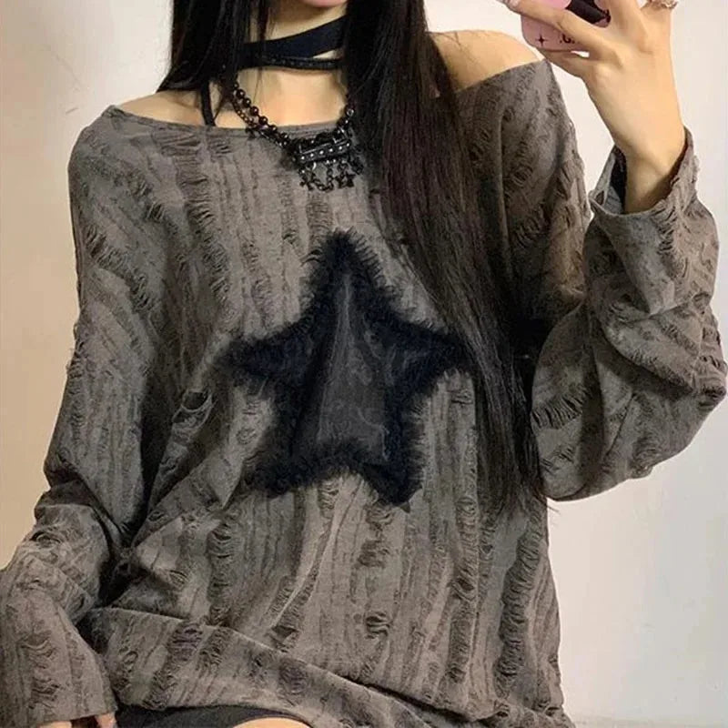 Dark Academia Y2K Star Print Sweater - Off Shoulder