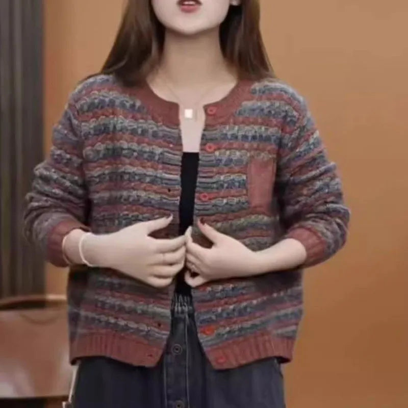 Dark Academia Ethnic Striped Cardigan - O-Neck