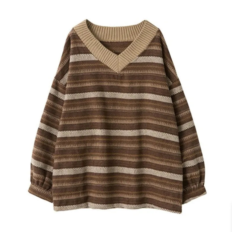 Dark Academia Vintage Striped Sweater - Oversize