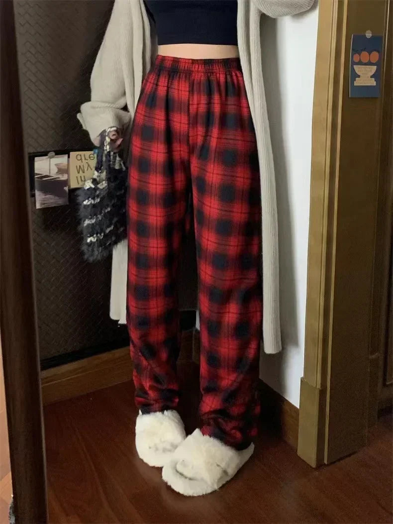 Dark Academia Plaid Wide Leg Pants - Winter Casual Style