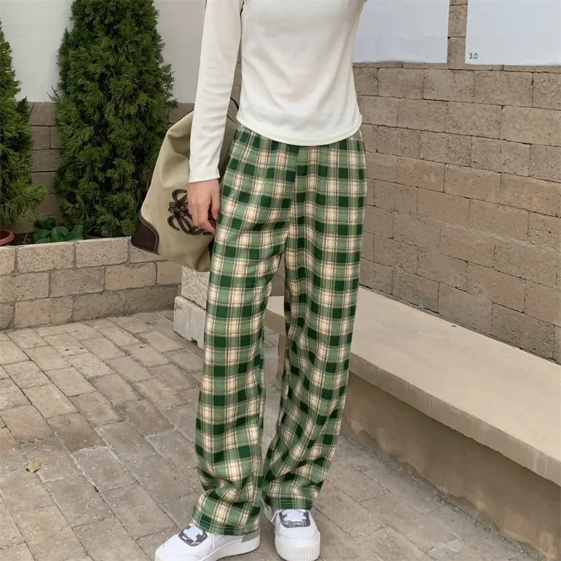 Dark Academia Plaid Wide Leg Pants - Winter Casual Style