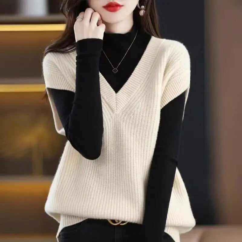 Dark Academia Solid Knitted Vest - V-Neck Loose